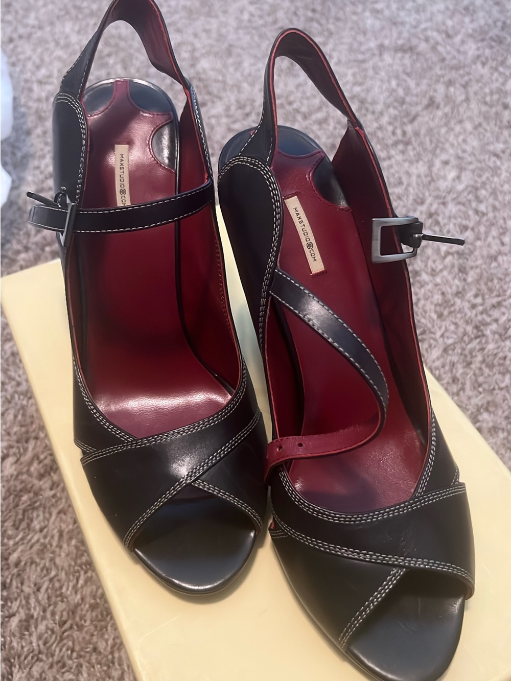 Max Studio Black Leather Peep-Toe Slingbacks with Burgundy Insoles